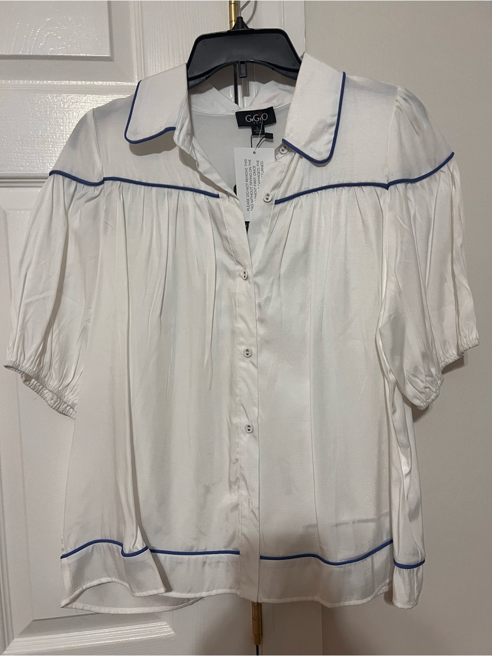 White Button-Front Blouse with Blue Piping